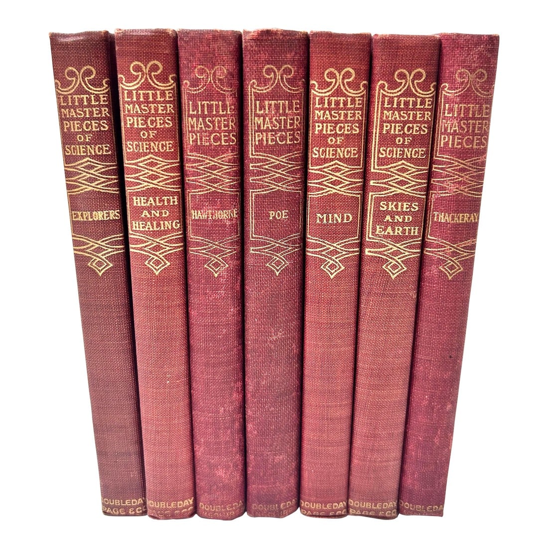 Antique Science Books - Little Masterpieces of Science - Bordeaux & Gold - A Set of 7: A distinguished set of seven cloth-bound volumes from Doubleday, Page & Co., 1902. Each title explores a different realm of classic literature and thought, from Poe to Thackeray, offering both intelle