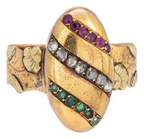 French Belle Epoque Antique Ring Diamond Ruby Emerald Sz 7.5 18k Yellow Gold