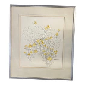 Vintage Floral Water Color Drawing by Montana Artist Kaye Cummings 1977 Yellow Floral Line Drawing F