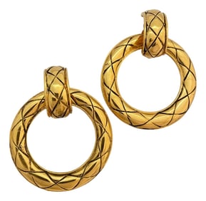 1980s VTG Chanel Made in France 24k Gold Plated Quilted Door Knocker Clip on Earrings, A Pair