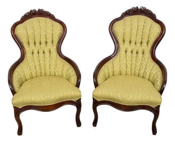 Pair of Walnut Victorian Style Tufted Parlor Chairs
