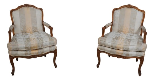 Pair of Vintage French Louis XV Walnut Fauteuil Open Armchairs