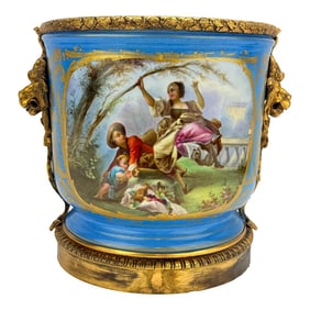 19th C. French Sevres-Style Porcelain Cachepot With Gilt Bronze Lion Mounts