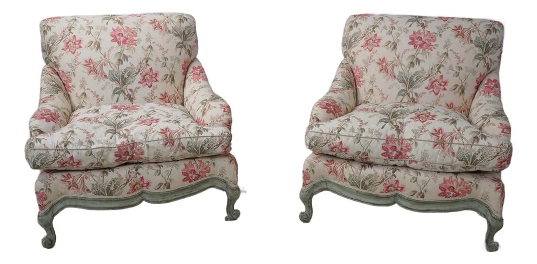Pair Louis XV Style Upholstered Paint Decorated Finish Bergere Chairs: Age: Approx: 30 Years Old Details: Down Seat Cushions Fine Carved Details High Quality Construction Scrolled Legs Large Impressive Chair Factory Distressed Paint Decorated Finish Frames Floral Upholst