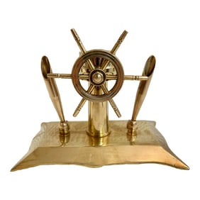 Mid 20th Century Brass Nautical Ships Wheel Desk Pen Holder