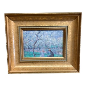 1990s Very Fine Antique Reproduction Oil Painting of Monet"s Le Printemps in Thick Gold Frame. Art