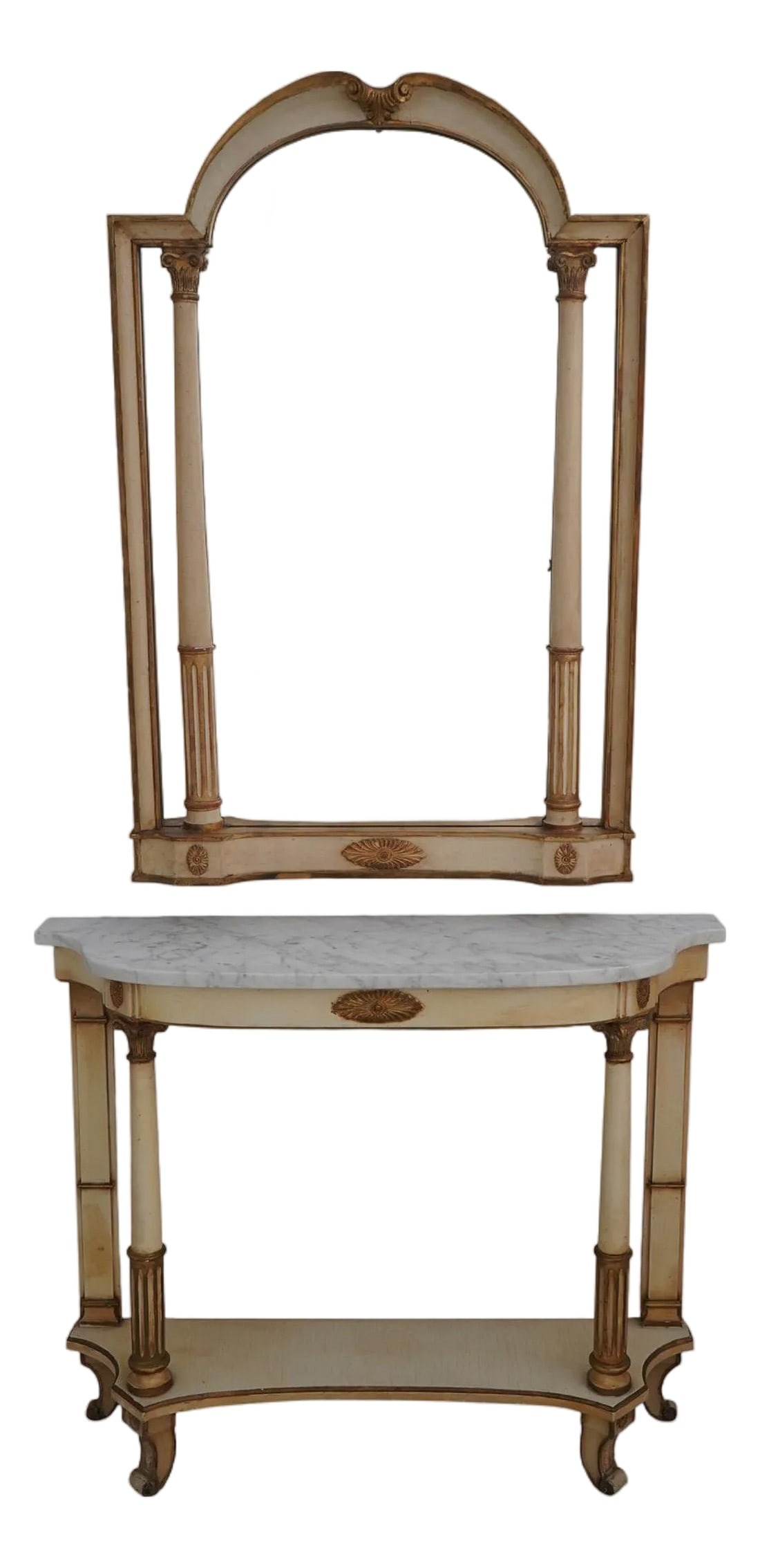 Palladio Vintage Italian Creme Painted Console Table W. Mirror: Age: C.1930s Details: "˜Antique' Creme Painted Finish w. Gold Highlights White Marble Top Stunning Vintage Table Some Distressing To Painted Finish Condition: Excellent Condition - Minor Signs Of