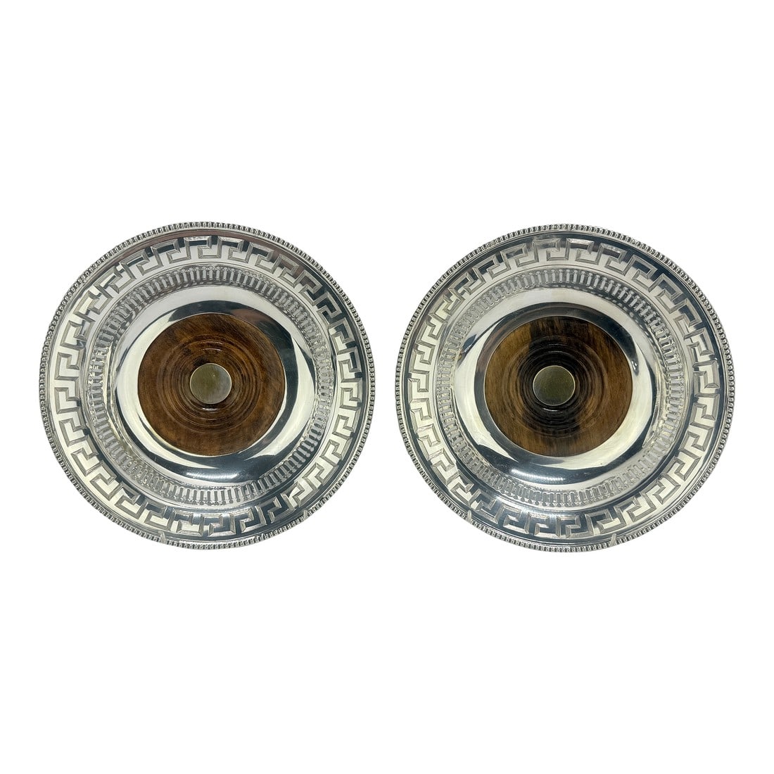 Pr, Old Sheffield Plate Regency Greek-Key Coasters , 19th C. Matthew Boulton: Old Sheffield Plate, English - 19th Century. Style or Possibly of Matthew Boulton's Work. Handsome, generously scaled Old Sheffield Plate coasters, each struck from fused silver-on-copper and edged wi