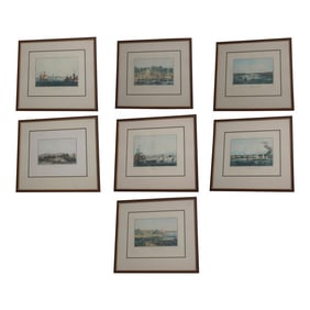 Set of 7 Vintage Framed Colored Engravings Etchings Military Ships