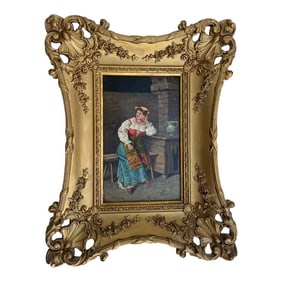 Antique Oil Painting of Spanish Woman in Wood Carved Frame