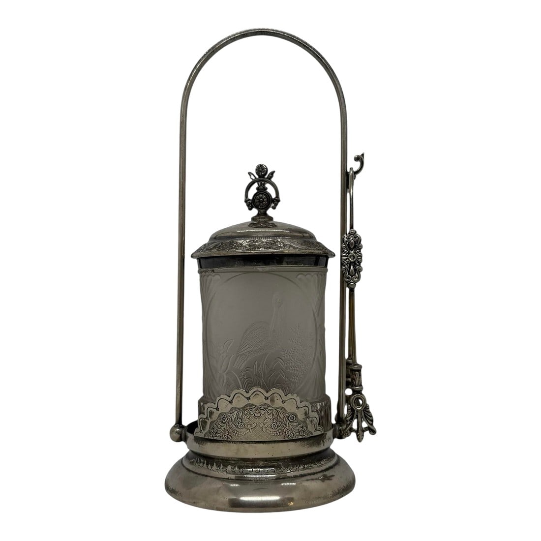 Late 19th Century Victorian Pickle Castor – Wilcox Silver Plate Co., Meriden Ct –: Excellent pre-loved Victorian pickle castor, likely circa 1870s–1890s, by Wilcox Silver Plate Co., Meriden, Connecticut. Solid, decorative silver"‘plated frame supports a frosted, etched g