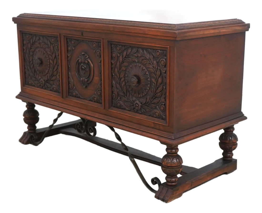 Vintage C.1930s Carved Walnut Blanket Chest: Age: C.1930s Details: Walnut Wrought Iron Work On Base Fine Carved Details High Quality Construction Cedar Lined Interior Ornate Carved Front Un-Locked - No Key Included Condition: Excellent Condition