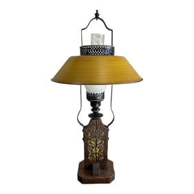 Vintage French Country Yellow Scrolling Table Lamp With Tole Lampshade