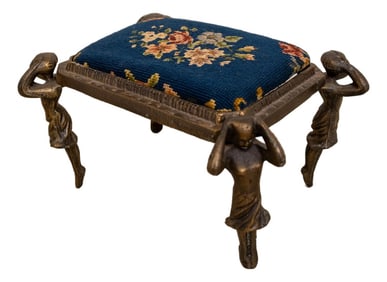 Art Nouveau Needlepoint Metal Base Stool