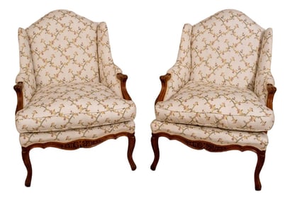 Pair Vintage French Louis XV Style Carved & Upholstered Bergere Chairs