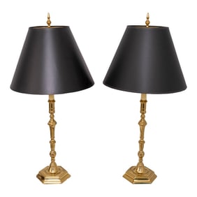 1980s Pair of Virginia Metalcrafters Colonial Williamsburg Brass Candlestick Lamps