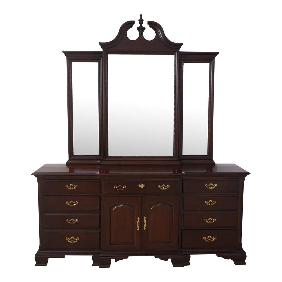 Thomasville Cherry Triple Dresser W. Trifold Mirror: Age: Approx: 30 Years Old Details: Beveled Glass Mirror Dovetailed Drawer Construction Bracket Feet Pediment Top w. Finial Raised Panel Doors Dentil Crown Molding Offered @ Fraction Original Retail Co