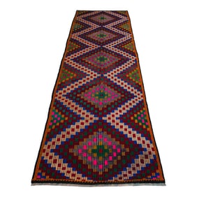 1960s Turkish Runner Rug Hand Woven Embroidered Wool Hallway- Kitchen Decor - 2'9" X 10'8"