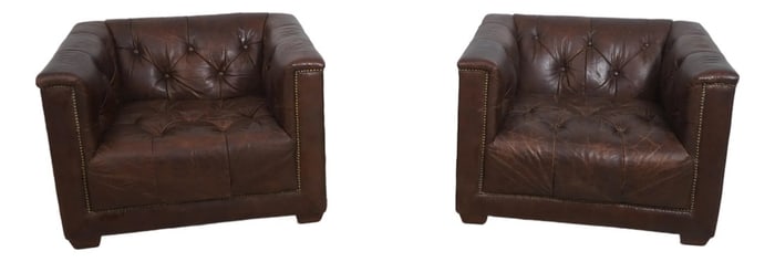 Pair Restoration Hardware Tufted Leather Chesterfield Chairs