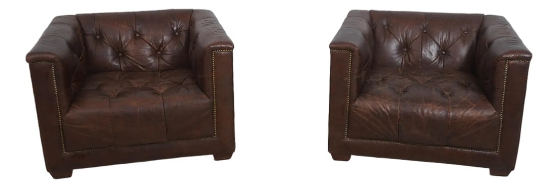 Pair Restoration Hardware Tufted Leather Chesterfield Chairs (1 of 18)