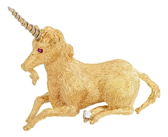 70s Vintage Unicorn Pendant Diamond 18k Yellow Gold Estate Fine Animal Jewelry