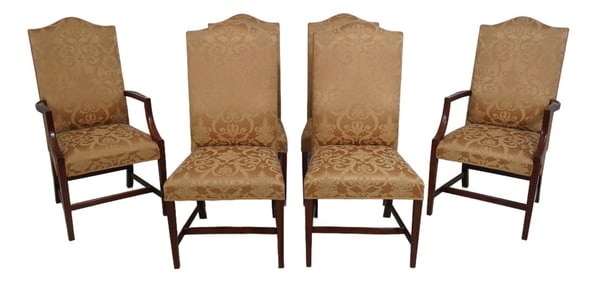 Set of 6 Mahogany Gold Damask Upholstered Dining Chairs