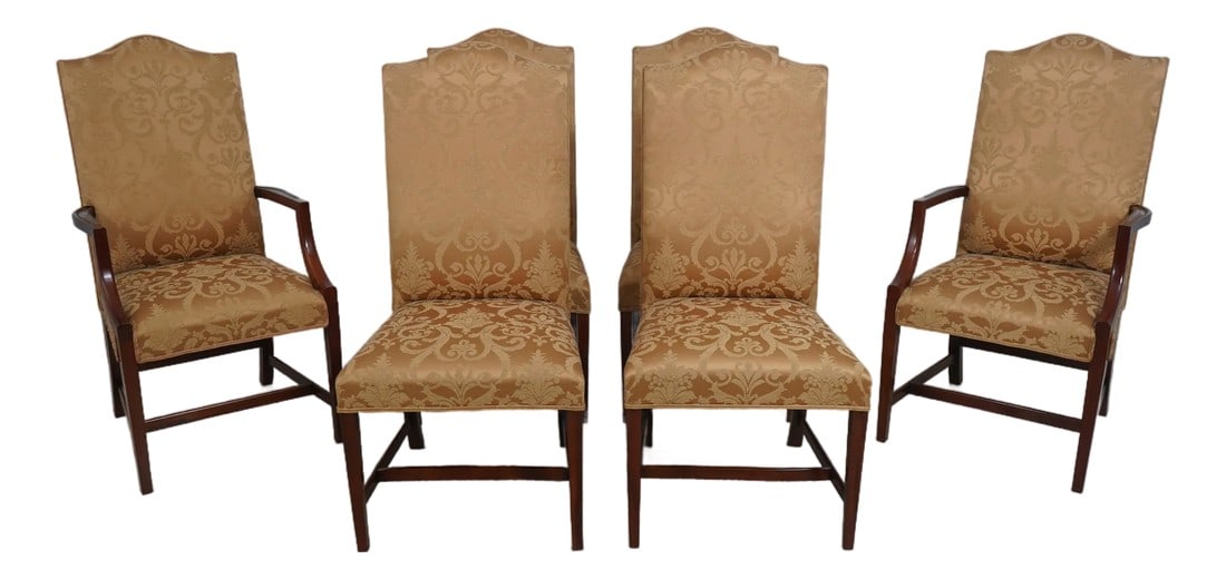 Set of 6 Mahogany Gold Damask Upholstered Dining Chairs (1 of 18)