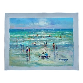 Modern Coastal Beach Seascape Sunset Oil Painting on Canvas, Unstretched, by J. Morgan
