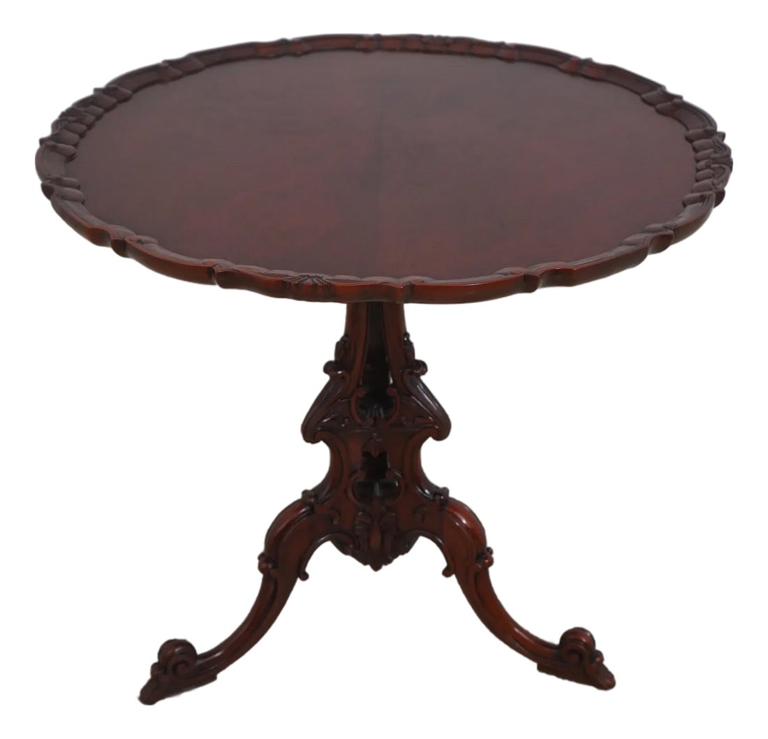 Hickory Chair Mt Vernon Mahogany Pie Crust Tea Table: Age: Approx: 20 Years Old Details: Mount Vernon Collection Fine Carved Details High Quality Construction Queen Anne Legs & Pad Feet Rich High Sheen Finish 18 C. Design Chippendale Style Federal Style