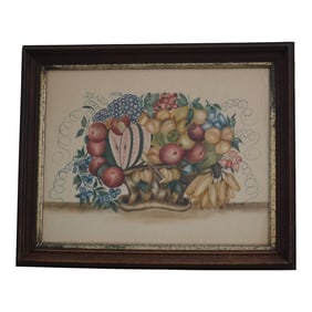 1960s Still Life Fruit Basket Jean Baumer Theorem Painting Stencil Artwork on Cotton Signed