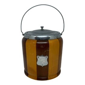 Mid"‘20th Century English Striped Oak Biscuit Barrel – Cream Glaze Interior,