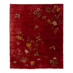 Antique Red Art Deco Chinese Handmade Wool Rug