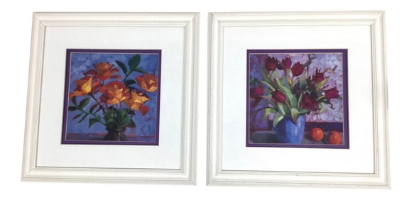 White Beaded Wood Framed Floral Prints - a Pair