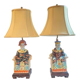 Mid-Century Chinese Emperor & Empress Ceramic Hand Painted Table Lamps - A Pair