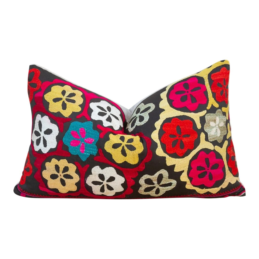 Goldasta Nurata Suzani Lumbar Pillow: Made from a vintage Suzani tapestry, it features hand done embroidery and a solid linen back. Suzani is a Persian word meaning "needle work", and these beautiful tapestries were made popular by trade