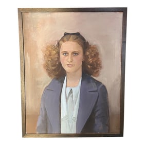 Circa 1940s French Expressionist Portrait Oil Painting of a Young Woman Wearing a Bow, Framed