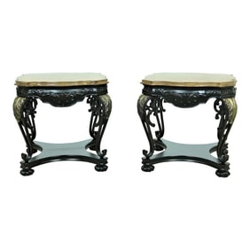 Pair Metal Base Walnut Top Decorative Lamp Tables