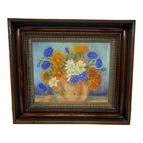 Mid 20th Century "Floral Still Life - Orange Zinnias and Daisies" Oil Painting, Framed