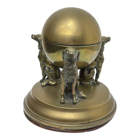Antique 19th Century Solid Brass Inkwell With 3 Irish Setter Dog Hounds Supporting Globe