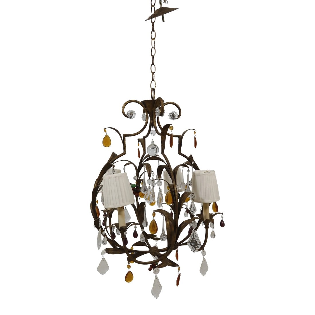 Currey & Co Gold Metal Chandelier W. Glass Fruit: Approx: 15 Years Old 4 Light Quality Glass Fruit & Prisms Gold Finish On Metal Ready To Install In Your Home Condition: Excellent Original Finish & Condition Size: 19w x 19d x 30h Condition:<