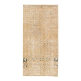 1960s Vintage Distressed Handmade Geometric Beige Wool Runner