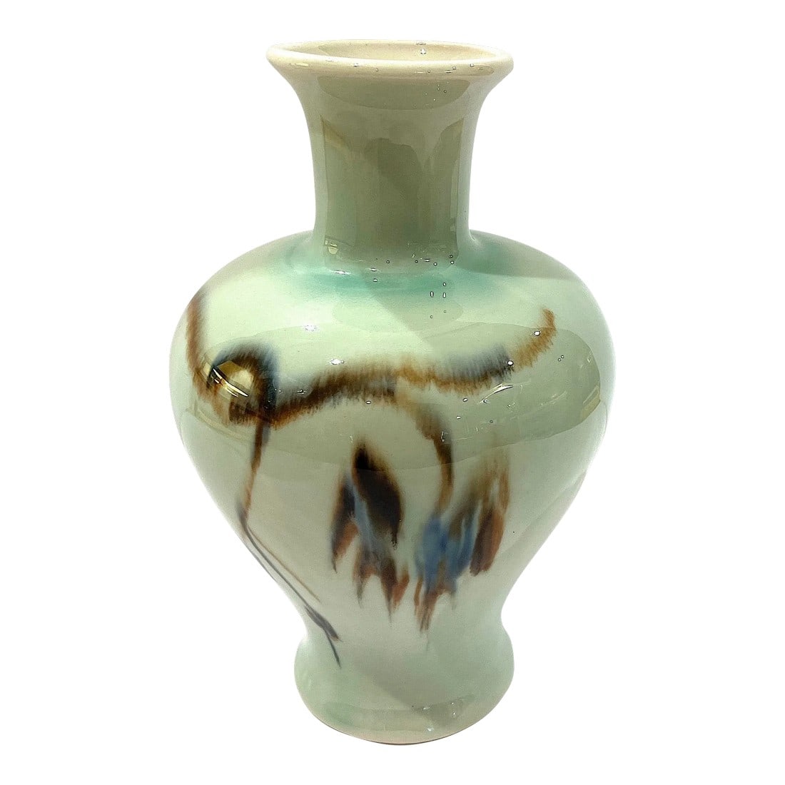Mid-Century Modern Vontury Hand-Decorated Porcelain Studio Vase: Mid-century modern studio pottery porcelain vase by master ceramicist F. J. Von Tury. Hand decorated with floral vines in brown, charcoal gray, and dark blue on a pale celadon green ground. Hand inscr