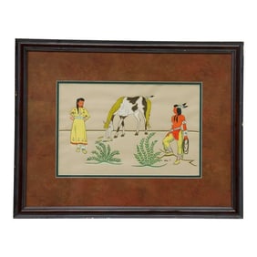 Original Signed Native American Man and Woman With Horse Painting by Boles, 1949