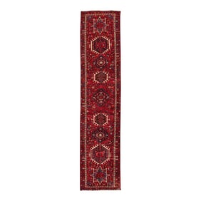 Vintage Persian Heriz Handmade Ruby-Red Floral Wool Runner