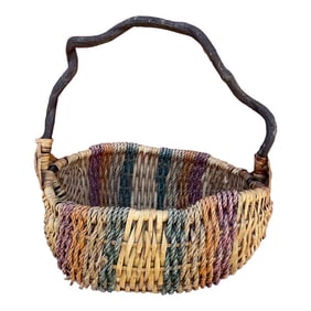 Rustic Multi-Colored Wavy Branch Woven Rattan/Raffia Basket