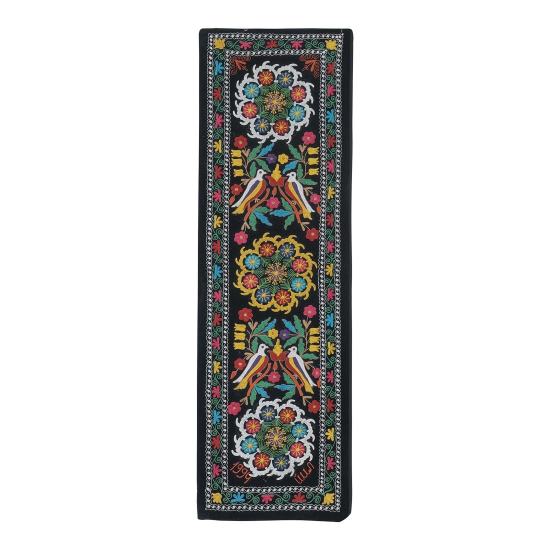 Colorful Velvet Bird Suzani Table Runner: Suzani Embroidery Table Runner 2'4" x 7' Material:Velvet Suzani Fabric Dimension; 27.5" x 84.2" inches / 70 x 214 Cm / 2'4" x 7' Material: velvet. Condition: Vintage Origin: Uzbekistan Kindly note: -