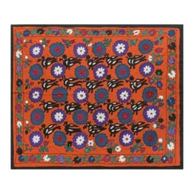 Vintage Folk Art Bird Motifs Suzani Wall Hanging Decor - Red Uzbek Embroidery