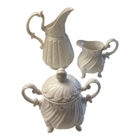 Mid 20th Century White Porcelain Lidded Sugar & 2 Creamers Jugs by Staffordshire/Surrey Collection -