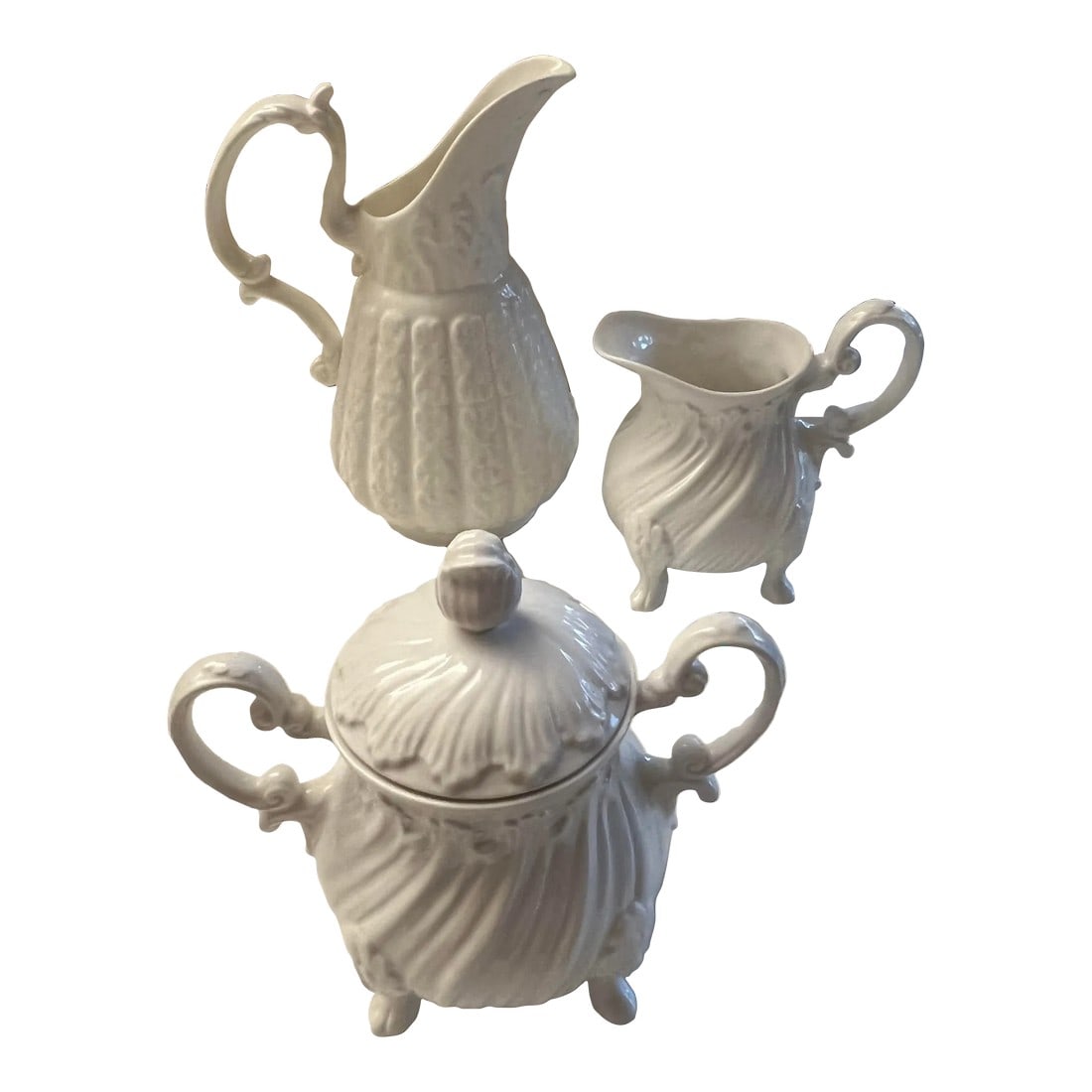 Mid 20th Century White Porcelain Lidded Sugar & 2 Creamers Jugs by Staffordshire/Surrey Collection -: Vintage, Mid 20th Century 1930's- 1940's . White Embossed Fine Bone China set from the Surrey Collection tea set by Crown Staffordshire. These are elegant with a lot of detailed, shiny luster ,texture