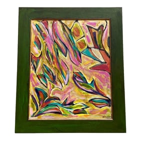 Midcentury Modern Framed Multicolored Abstract Oil on Canvas With Pink, Blue, and Green by Artist He